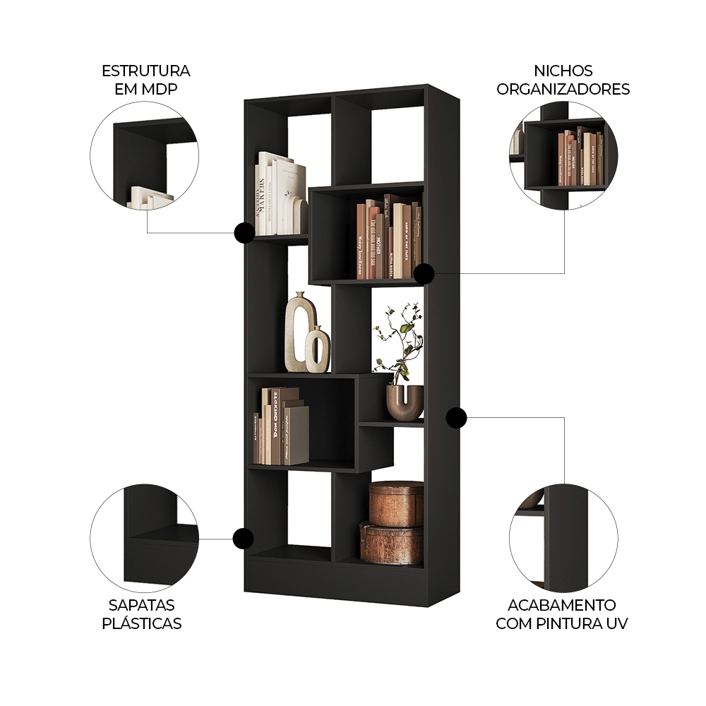 Estante Livreiro 73cm Com Nichos Dora Preto Z49 - Mpozenato