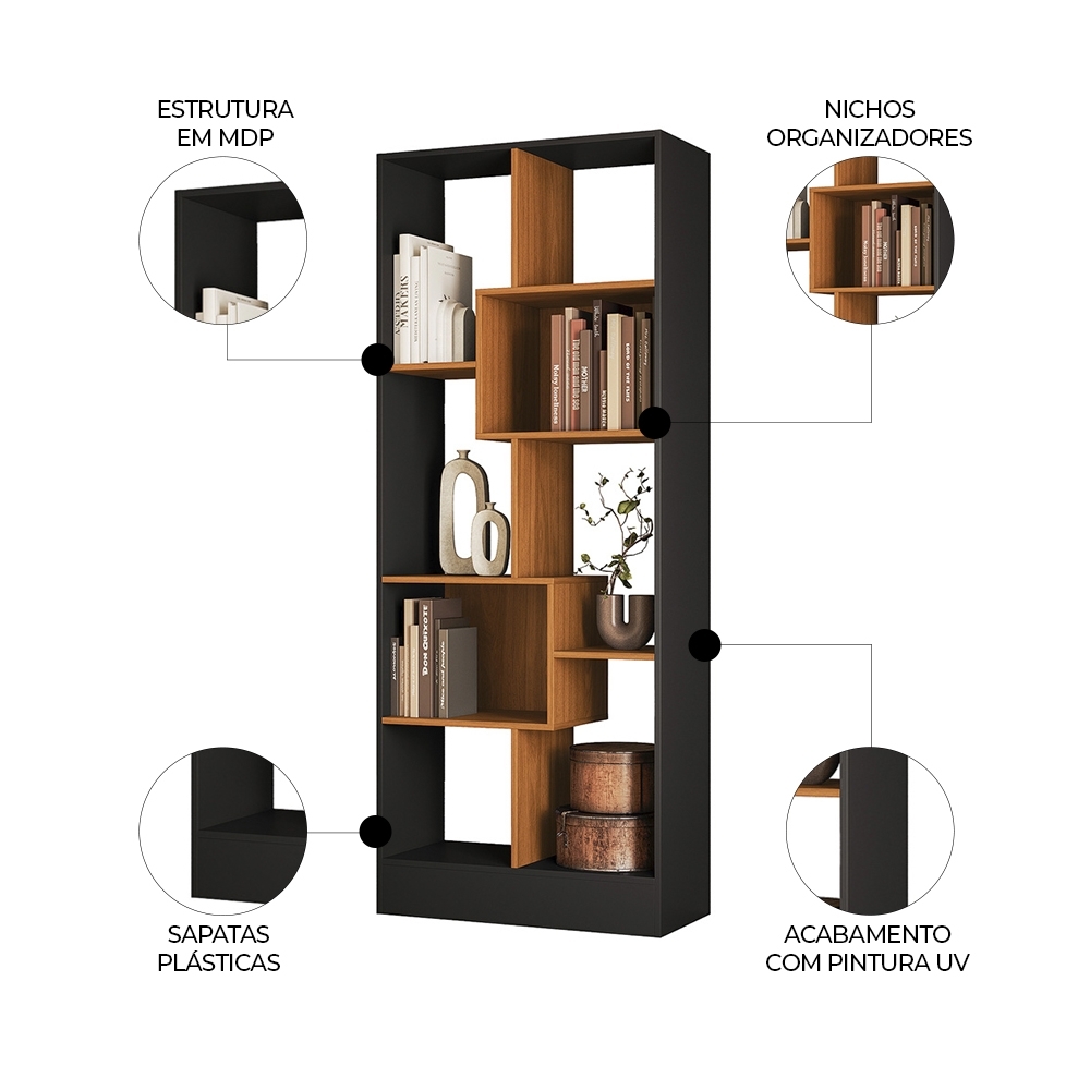 Estante Livreiro 73cm Com Nichos Dora Preto/Cinamomo Z49 - Mpozenato