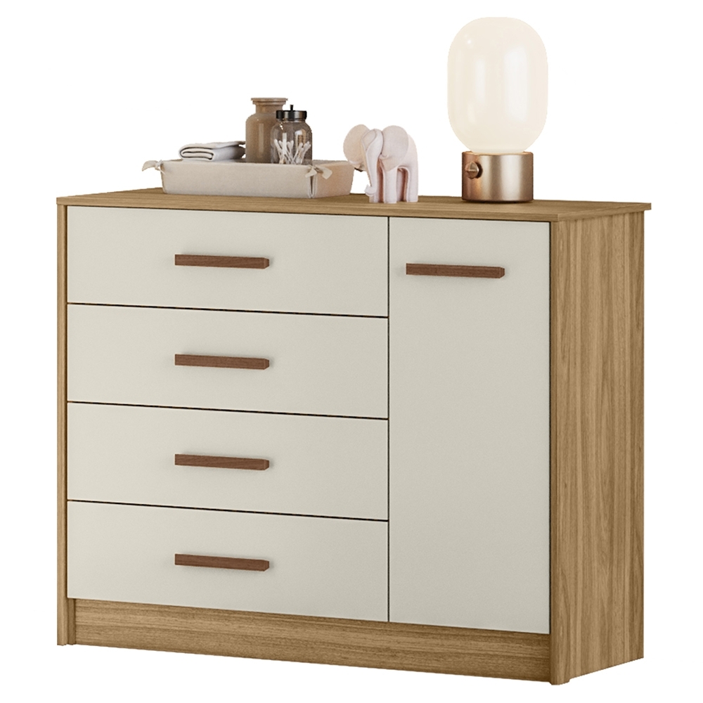Cômoda Quarto 90cm 4 Gavetas 1 Porta Belluno Nature/Off Z49 - Mpozenato
