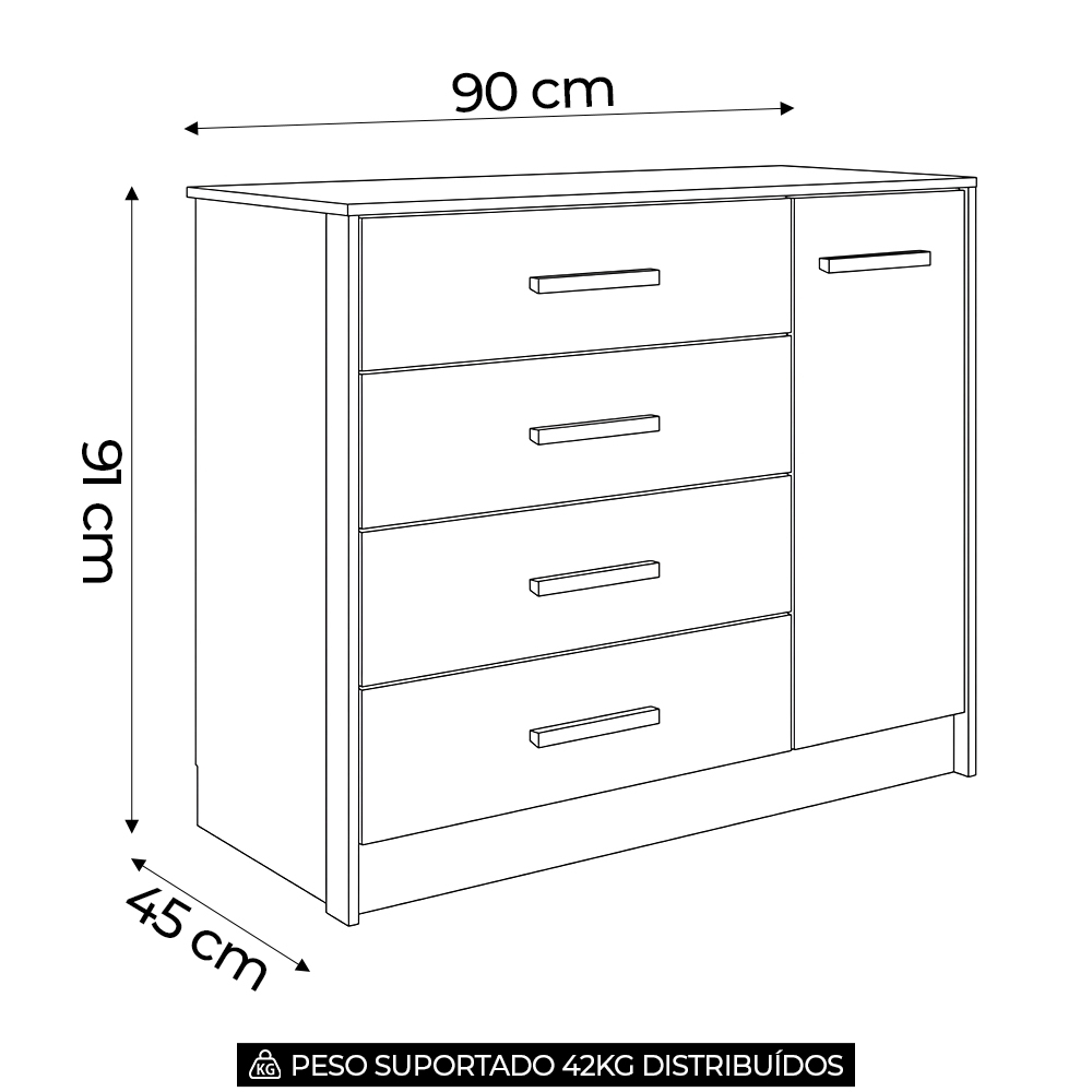 Cômoda Quarto 90cm 4 Gavetas 1 Porta Belluno Nature/Off Z49 - Mpozenato