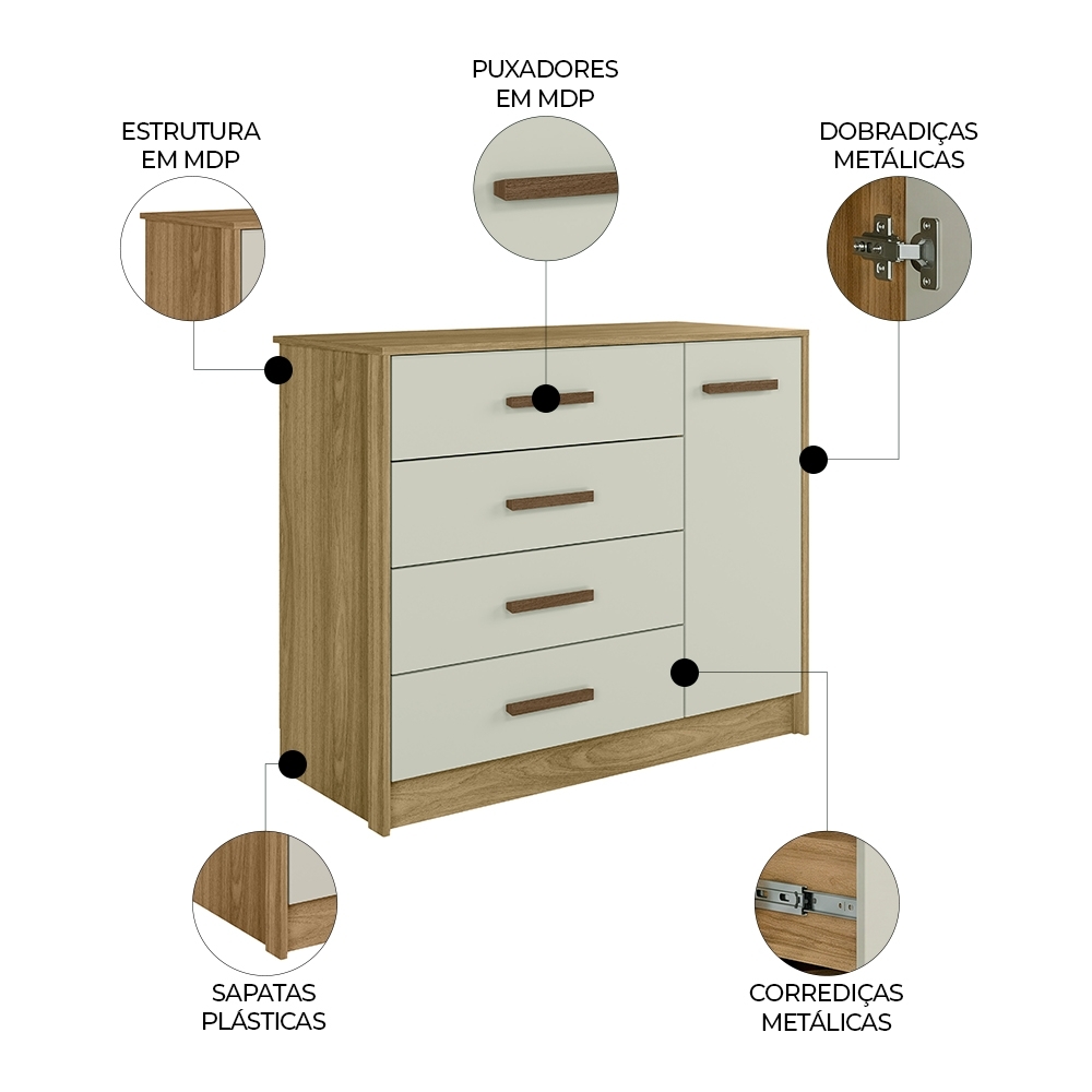 Cômoda Quarto 90cm 4 Gavetas 1 Porta Belluno Nature/Off Z49 - Mpozenato