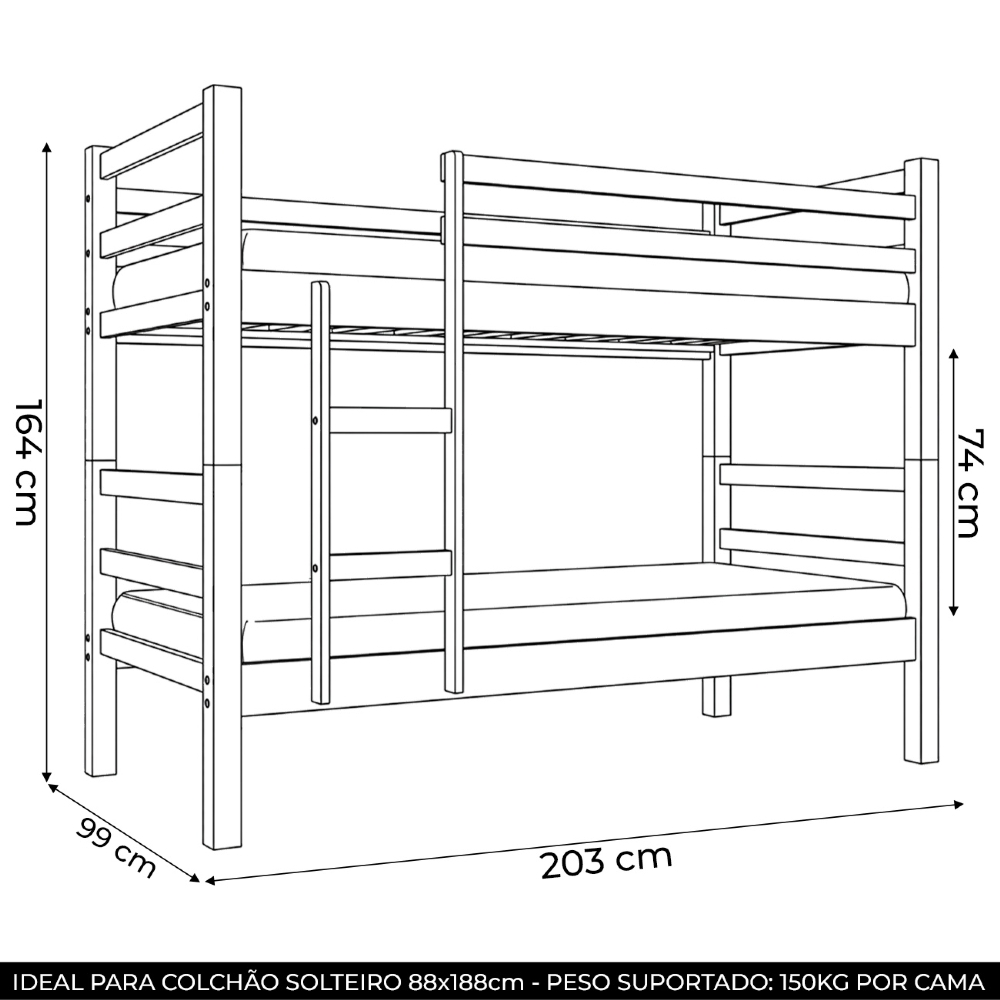 Cama Beliche Solteiro 188x88cm Com Escada Fixa Luca Imbuia B11 - Mpozenato