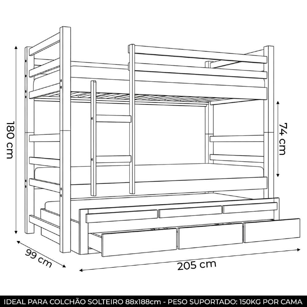 Cama Treliche Solteiro 188x88cm 3 Gavetas Com Escada Luca Castanho B11 - Mpozenato