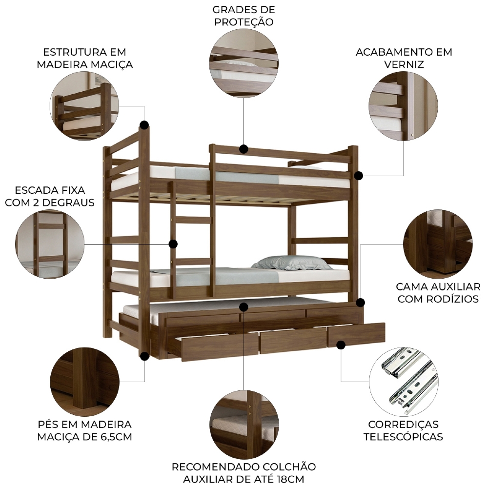 Cama Treliche Solteiro 188x88cm 3 Gavetas Com Escada Luca Castanho B11 - Mpozenato