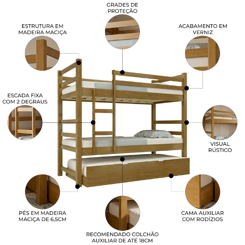 Cama Treliche Solteiro 188x88cm Com Escada Fixa Luca Imbuia B11 - Mpozenato