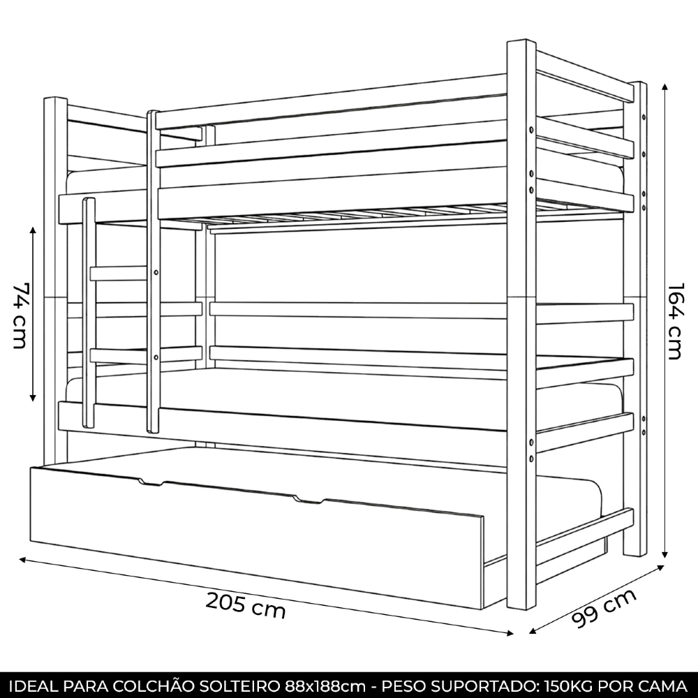 Cama Treliche Solteiro 188x88cm Com Escada Fixa Luca Imbuia B11 - Mpozenato