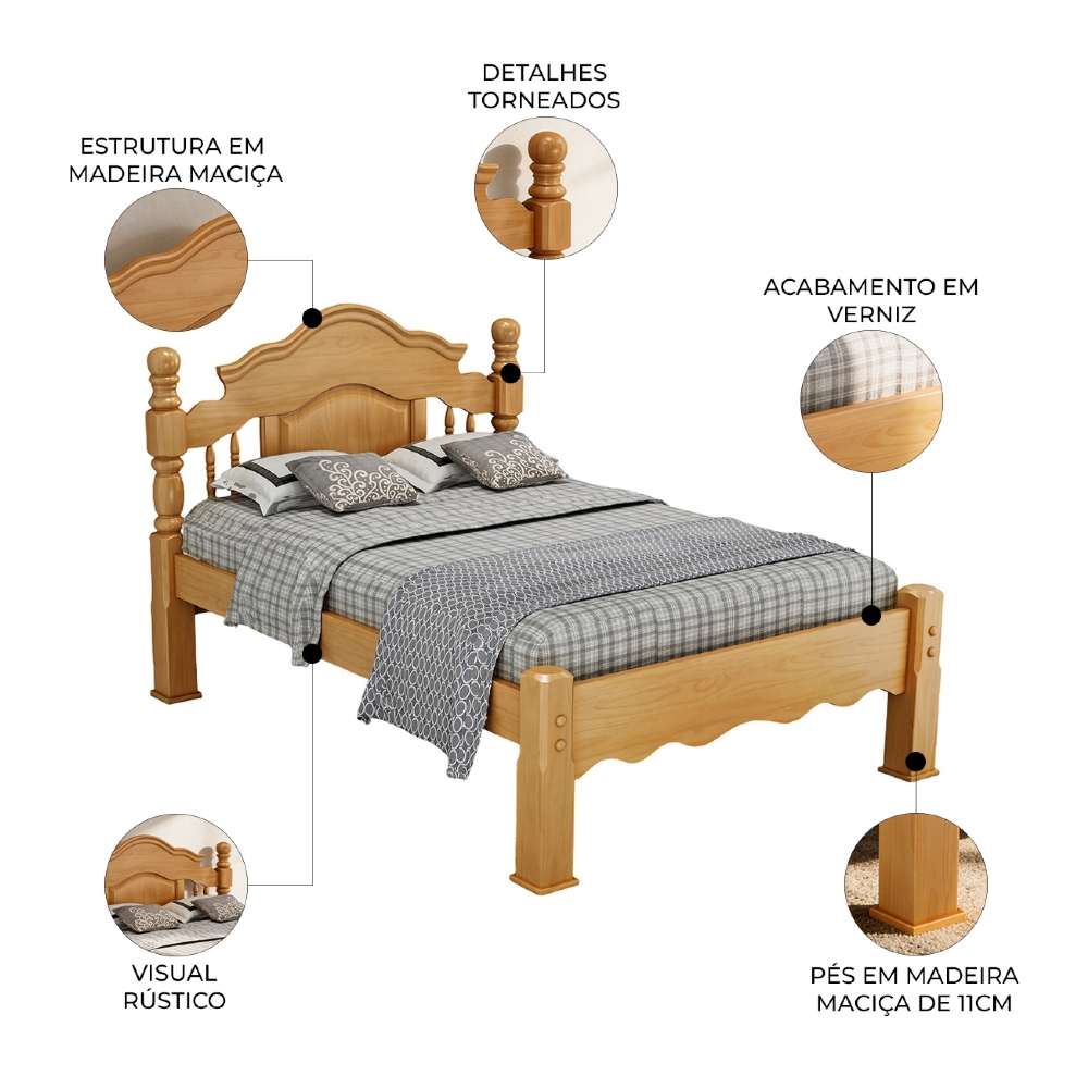 Cama Casal 140cm Madeira Maciça Torneada Andry Mel B11 - Mpozenato
