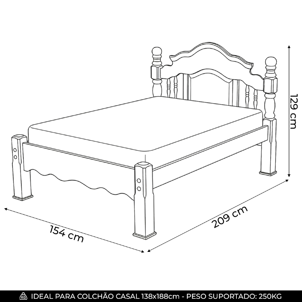 Cama Casal 140cm Madeira Maciça Torneada Andry Mel B11 - Mpozenato