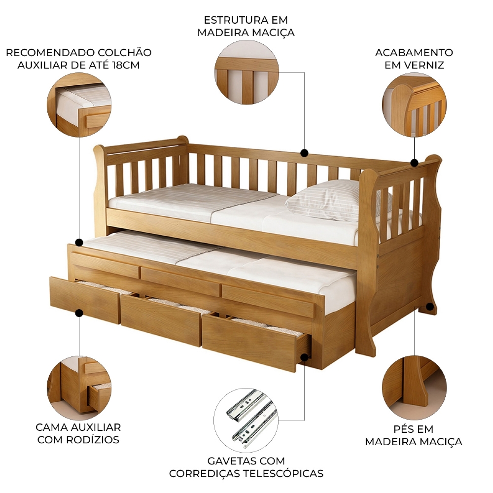 Cama Solteiro Com Auxiliar 188x88cm 3 Gavetas Klaris Imbuia B11 - Mpozenato