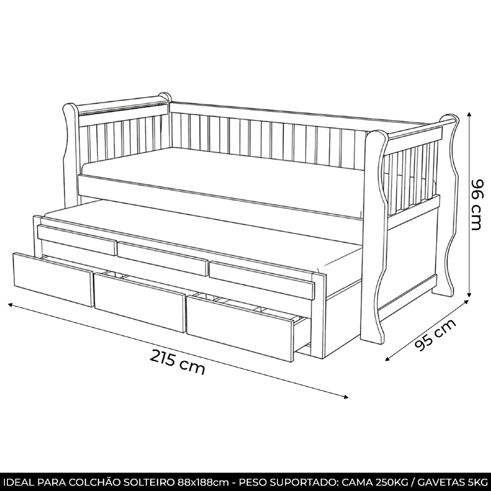 Cama Solteiro Com Auxiliar 188x88cm 3 Gavetas Klaris Imbuia B11 - Mpozenato