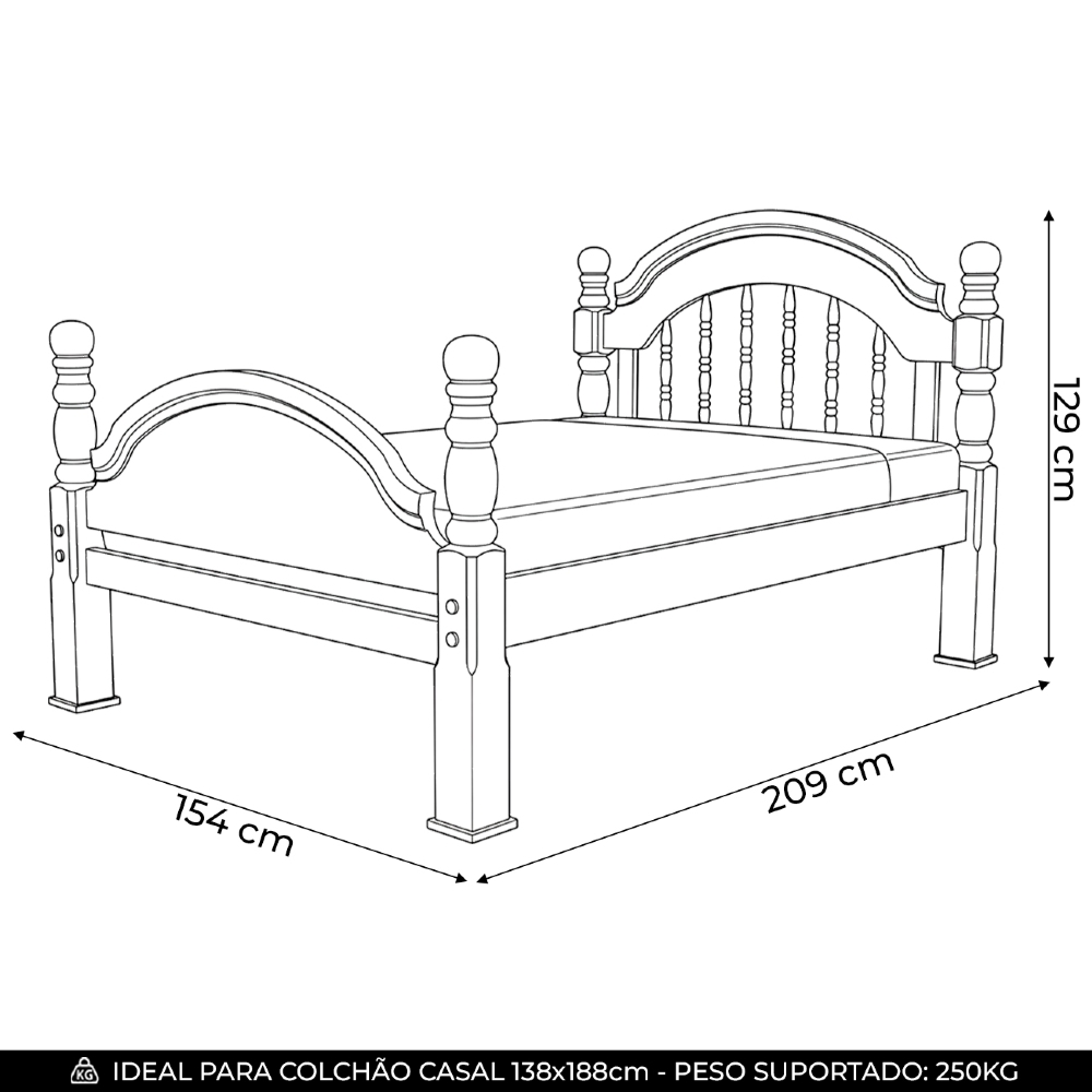 Cama Casal 140cm Madeira Maciça Torneada Leni Castanho B11 - Mpozenato
