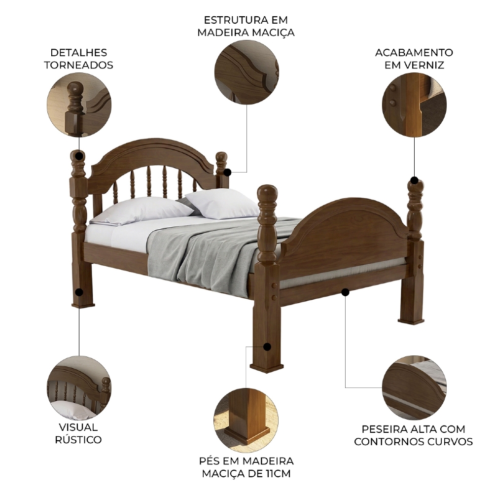 Cama Casal Queen 160cm Madeira Maciça Torneada Leni Castanho B11 - Mpozenato