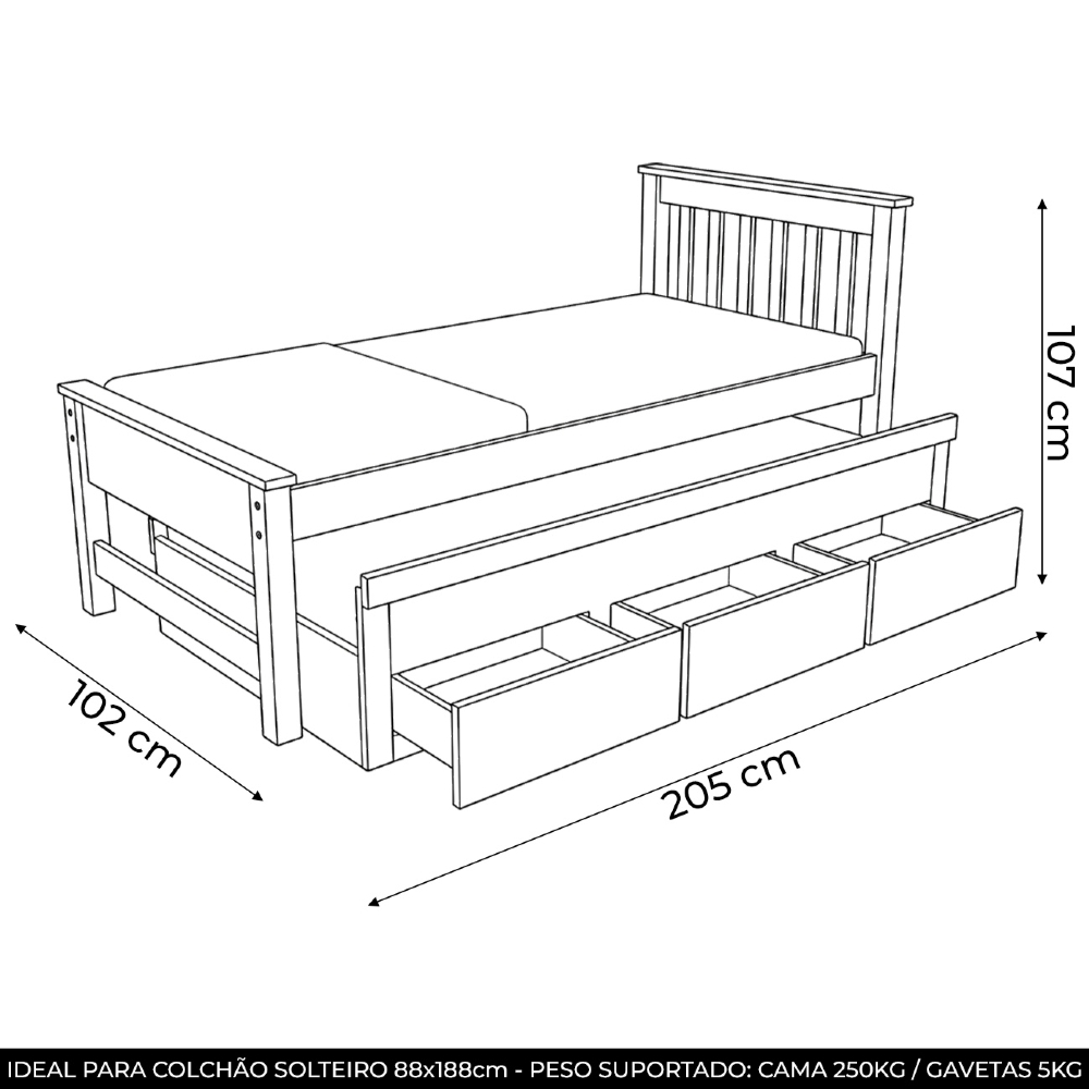 Cama Solteiro Com Auxiliar 188x88cm 3 Gavetas Virena Mel B11 - Mpozenato