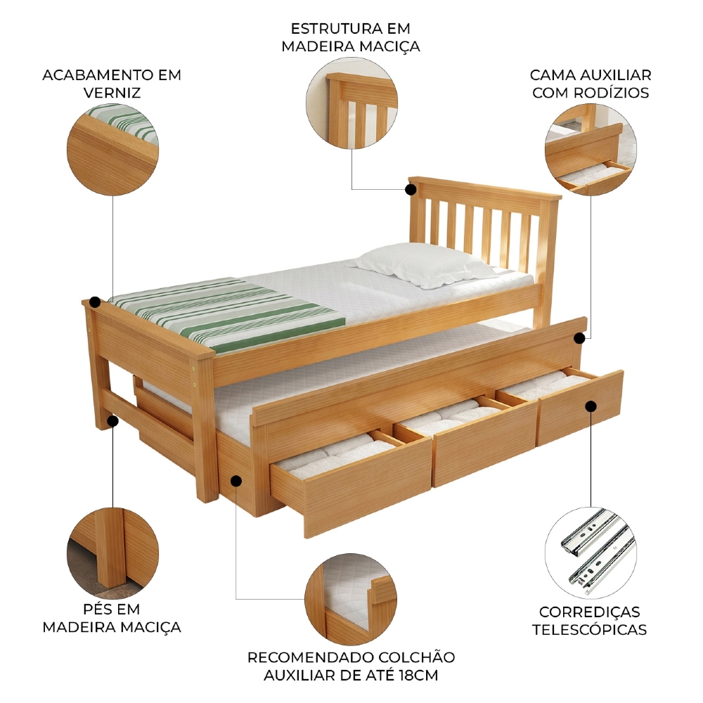 Cama Solteiro Com Auxiliar 188x88cm 3 Gavetas Virena Mel B11 - Mpozenato