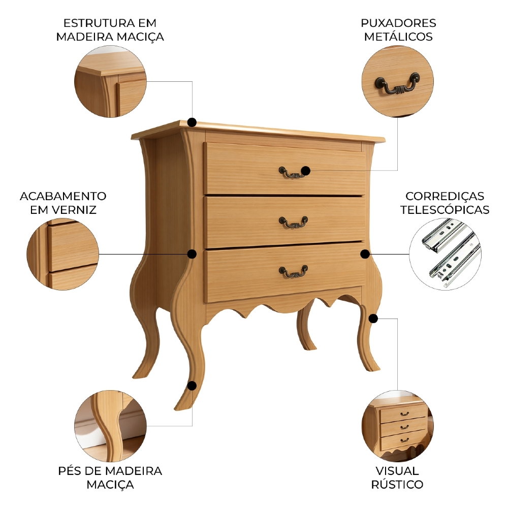 Cômoda Quarto 91cm 3 Gavetas Madeira Maciça Grix Mel B11 - Mpozenato