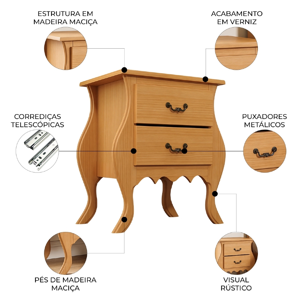 Mesa de Cabeceira Quarto 60cm 2 Gavetas Madeira Maciça Grix Mel B11 - Mpozenato