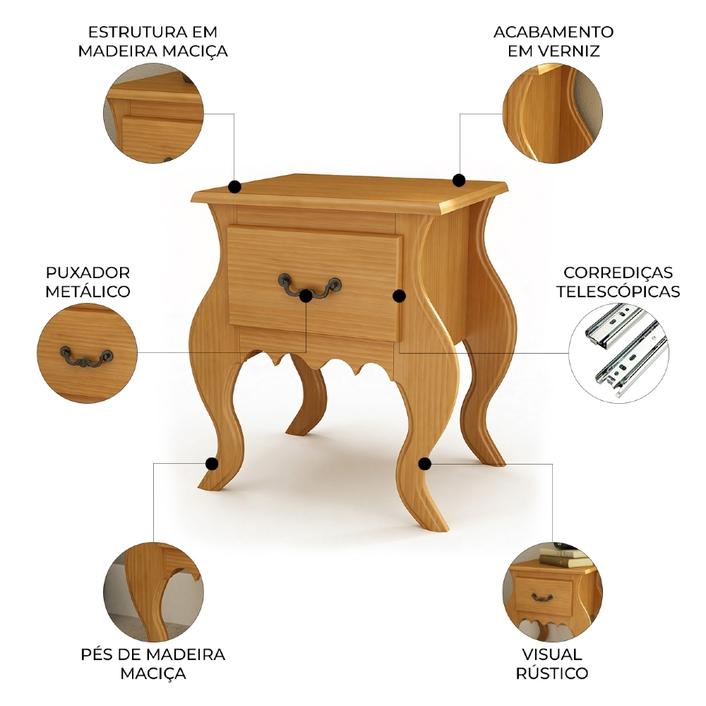 Mesa de Cabeceira Quarto 50cm 1 Gaveta Madeira Maciça Grix Mel B11 - Mpozenato