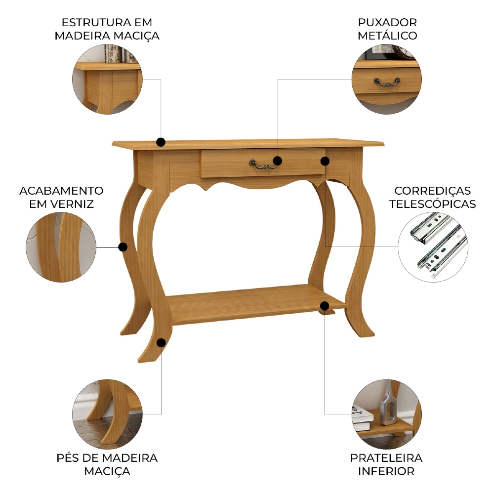 Aparador Sala de Estar 100cm 1 Gaveta Madeira Maciça Grix Mel B11 - Mpozenato