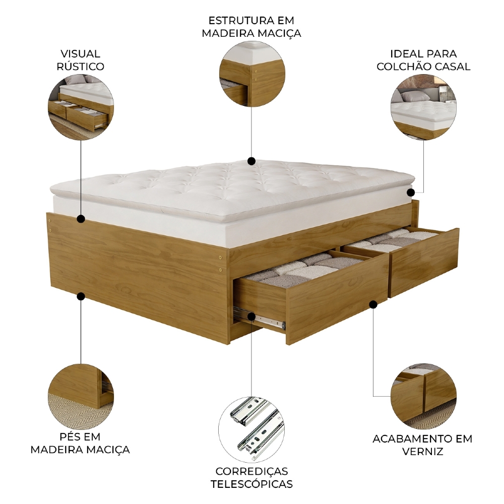 Cama Casal Base Box 140cm 4 Gavetas Libon Mel B11 - Mpozenato