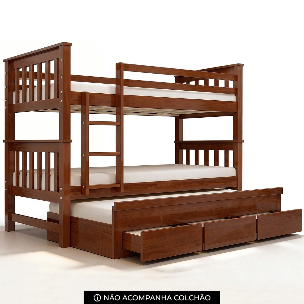 Cama Treliche Solteiro 188x88cm 3 Gavetas Com Escada Fixa Altis Avelã B11 - Mpozenato