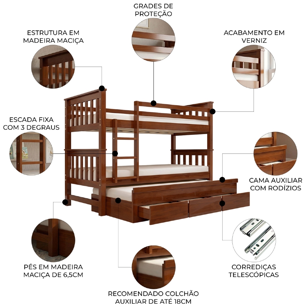 Cama Treliche Solteiro 188x88cm 3 Gavetas Com Escada Fixa Altis Avelã B11 - Mpozenato