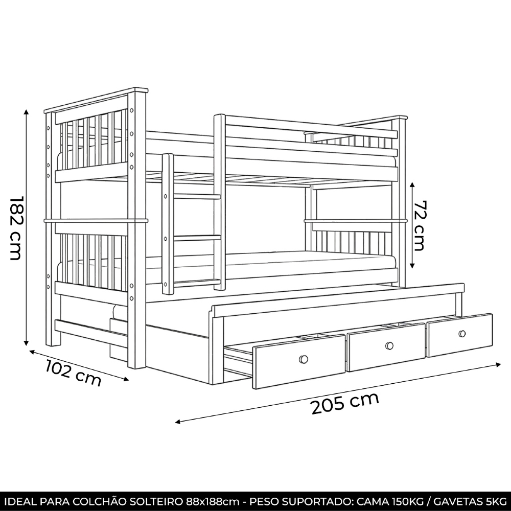 Cama Treliche Solteiro 188x88cm 3 Gavetas Com Escada Fixa Altis Avelã B11 - Mpozenato