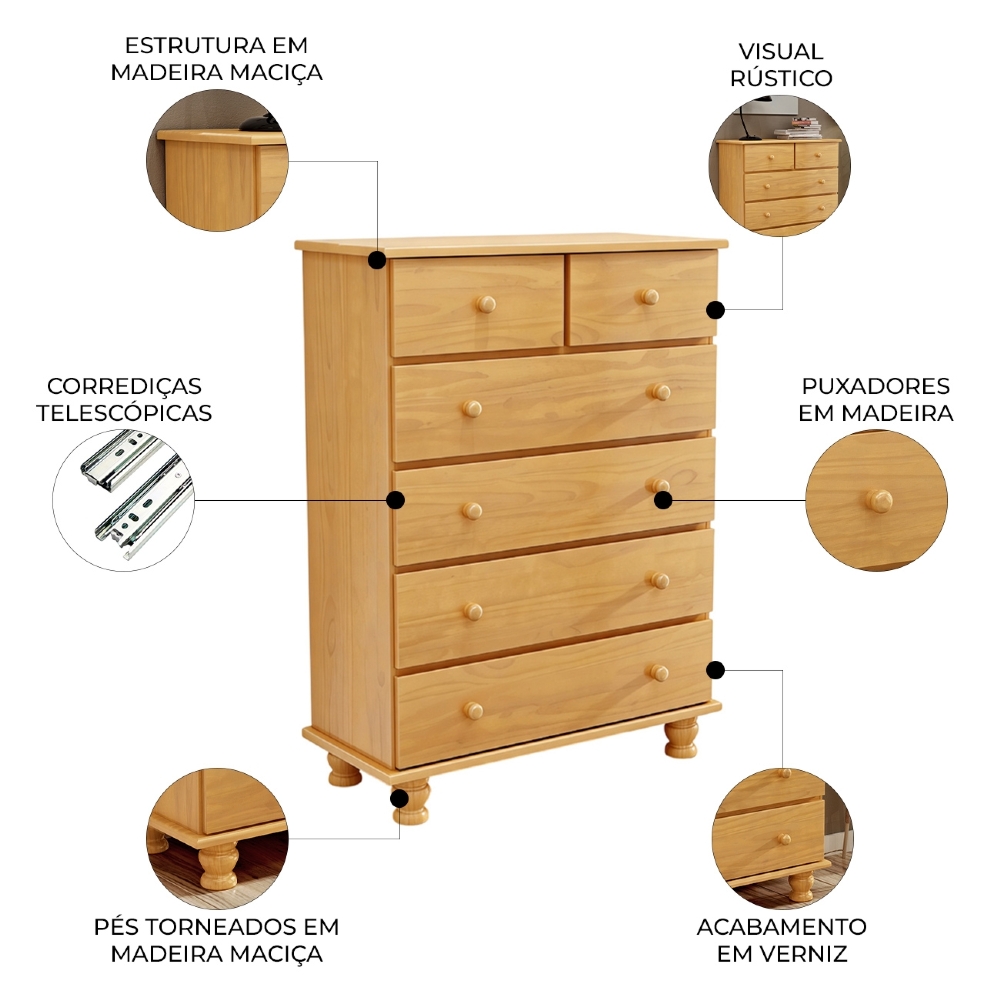 Cômoda Quarto 97cm 6 Gavetas Madeira Maciça Conor Mel B11 - Mpozenato