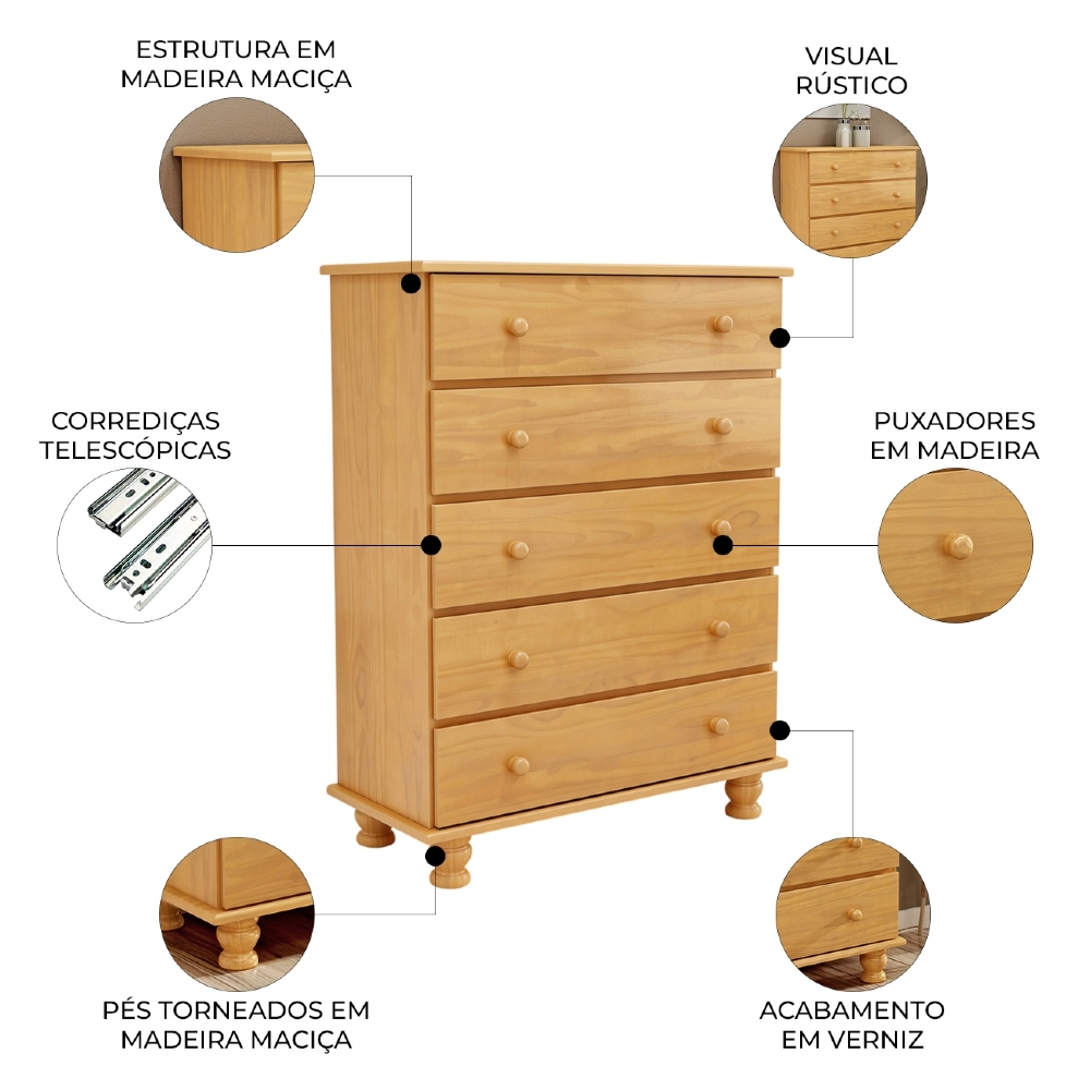 Cômoda Quarto 97cm 5 Gavetas Madeira Maciça Conor Mel B11 - Mpozenato