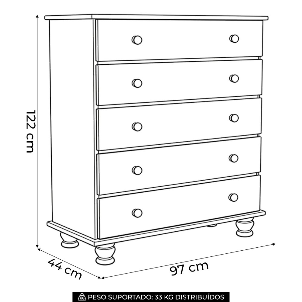 Cômoda Quarto 97cm 5 Gavetas Madeira Maciça Conor Mel B11 - Mpozenato