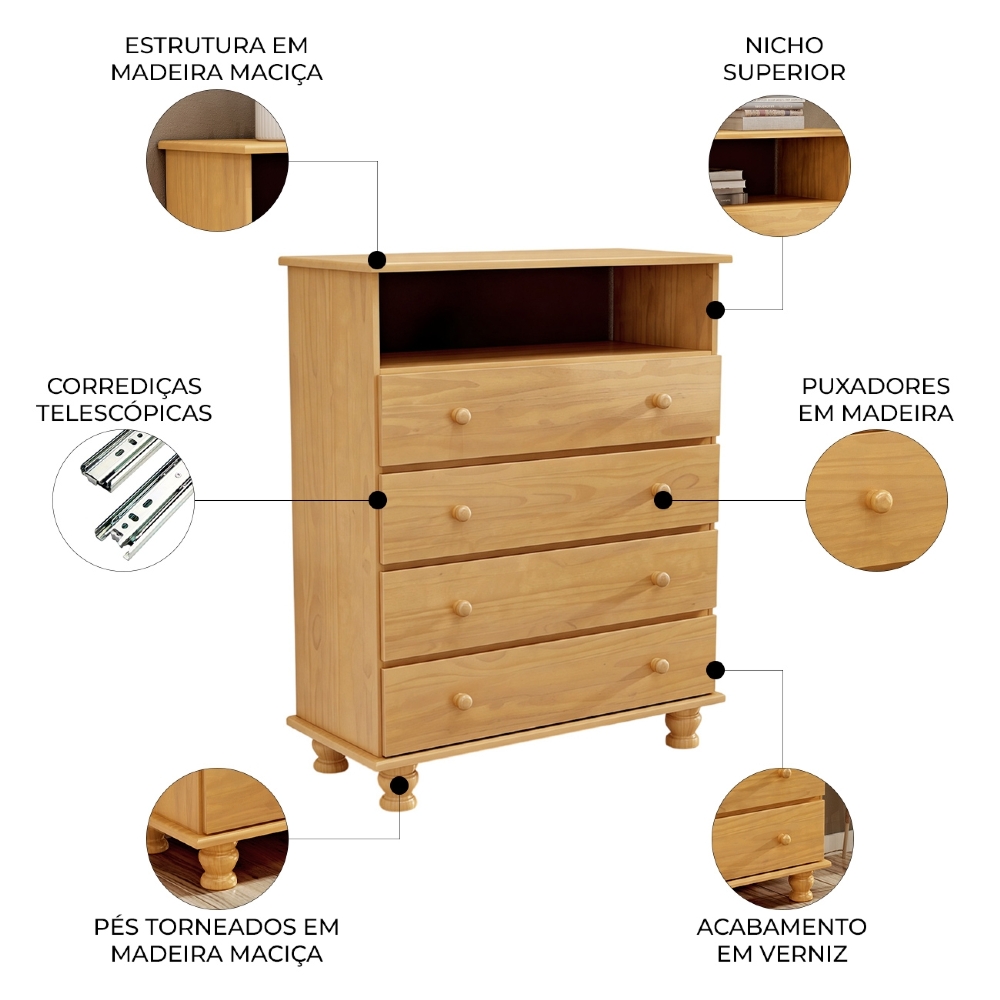 Cômoda Quarto 97cm 4 Gavetas Madeira Maciça Conor Mel B11 - Mpozenato
