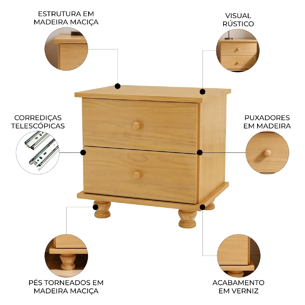 Mesa de Cabeceira Quarto 55cm 2 Gavetas Madeira Maciça Conor Mel B11 - Mpozenato
