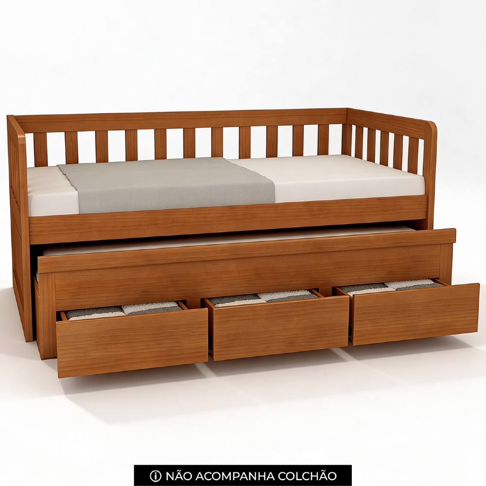 Cama Solteiro Com Auxiliar 188x88cm 3 Gavetas Orien Avelã B11 - Mpozenato