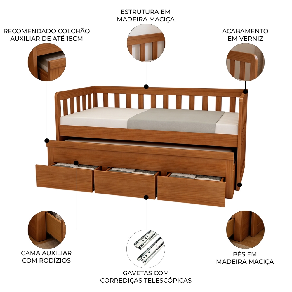 Cama Solteiro Com Auxiliar 188x88cm 3 Gavetas Orien Avelã B11 - Mpozenato