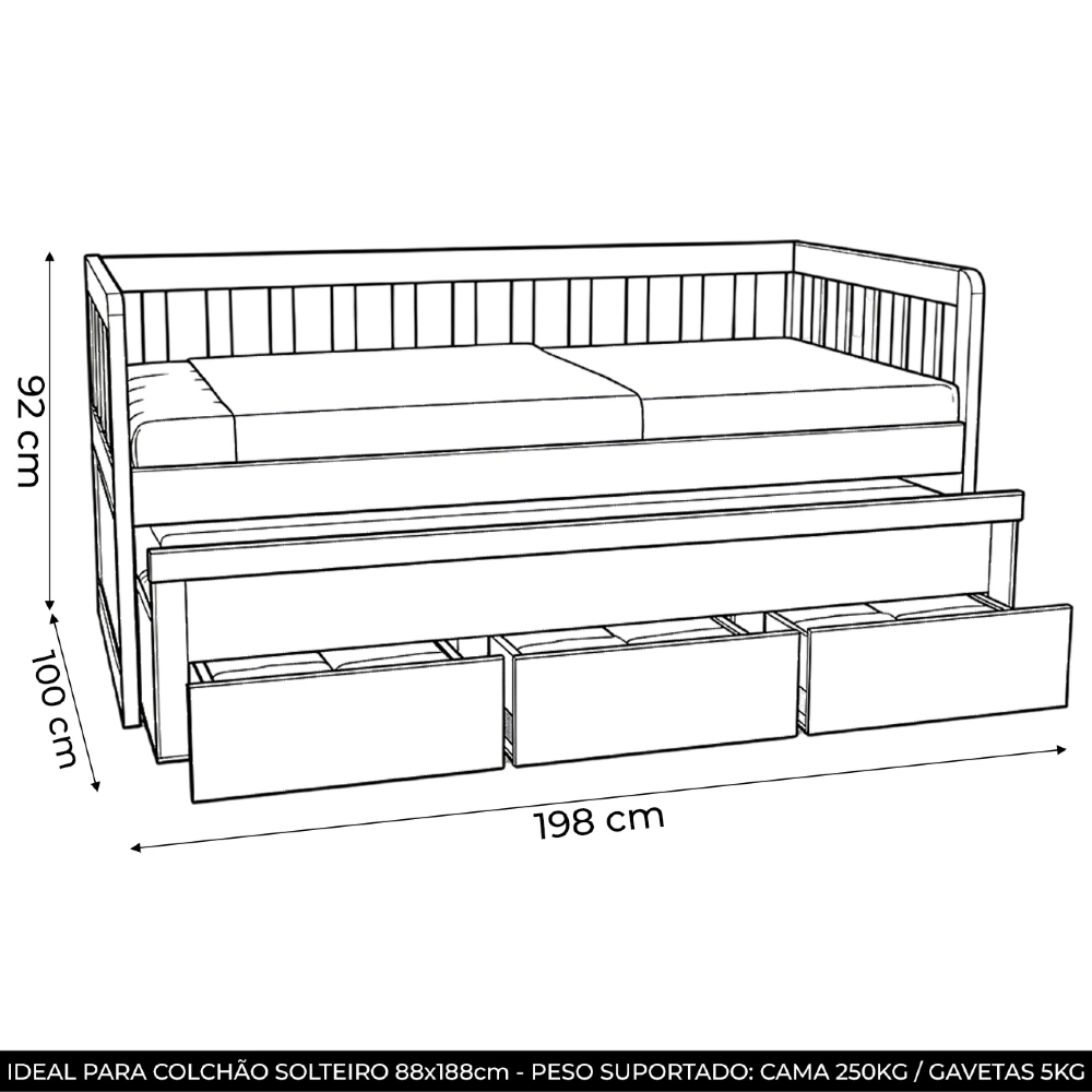 Cama Solteiro Com Auxiliar 188x88cm 3 Gavetas Orien Avelã B11 - Mpozenato