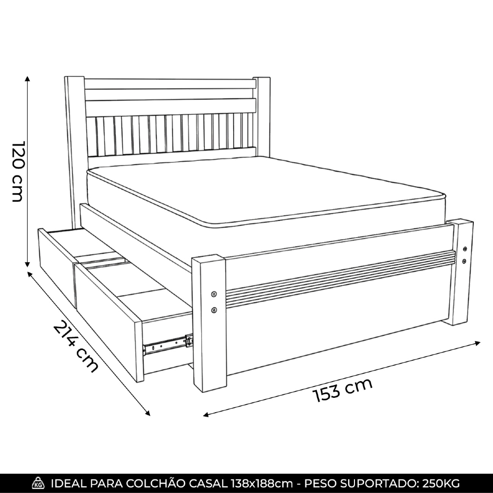 Cama Casal 140cm 2 Gavetas Madeira Maciça Orlex Avelã B11 - Mpozenato