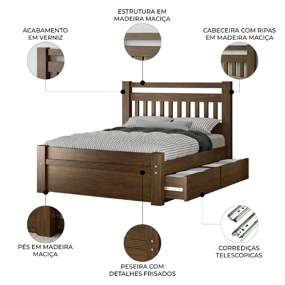 Cama Casal 140cm 2 Gavetas Madeira Maciça Orlex Castanho B11 - Mpozenato