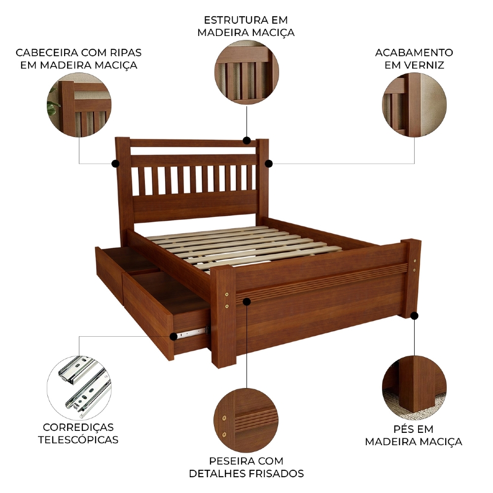 Cama Casal Queen 160cm 2 Gavetas Madeira Maciça Orlex Avelã B11 - Mpozenato
