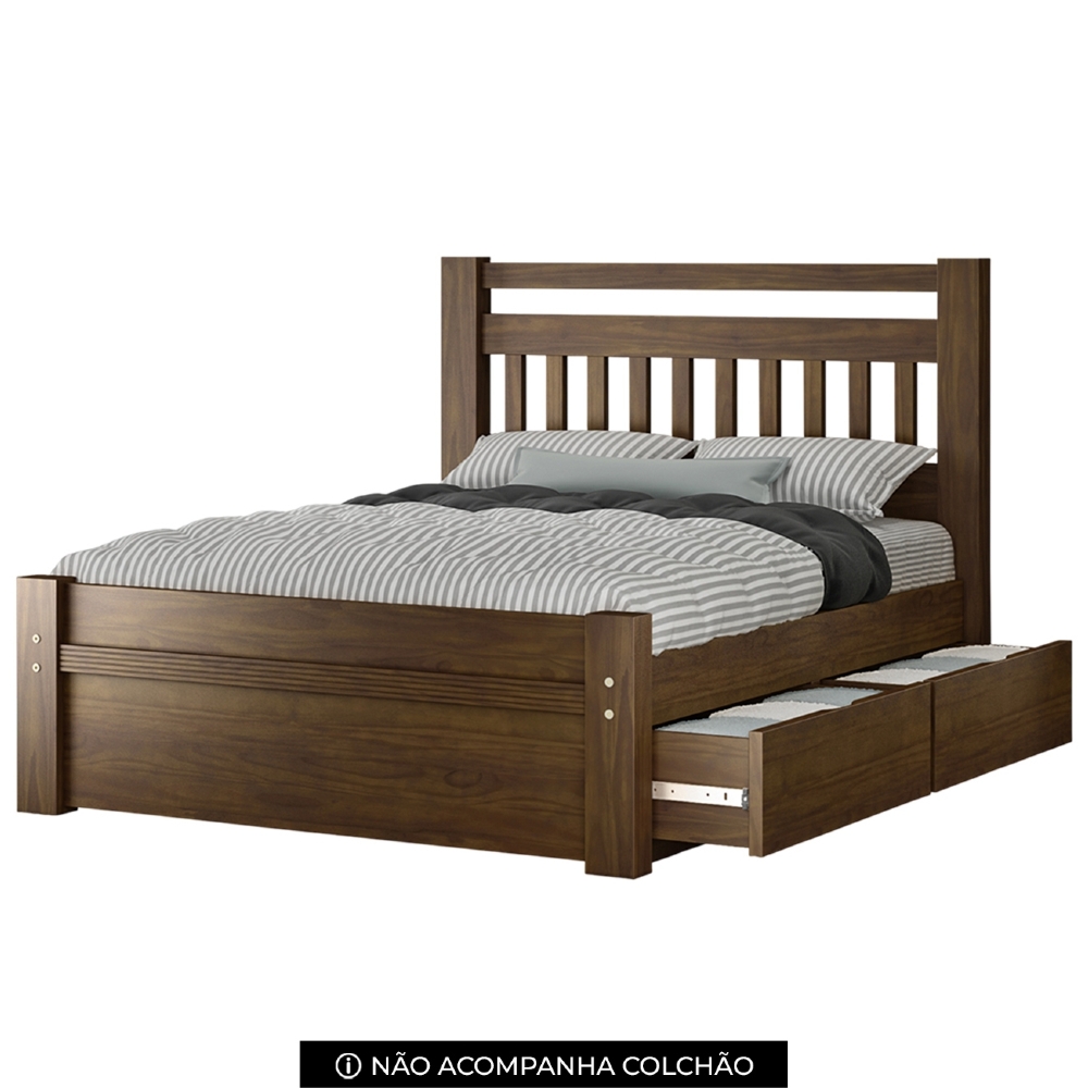Cama Casal Queen 160cm 2 Gavetas Madeira Maciça Orlex Castanho B11 - Mpozenato