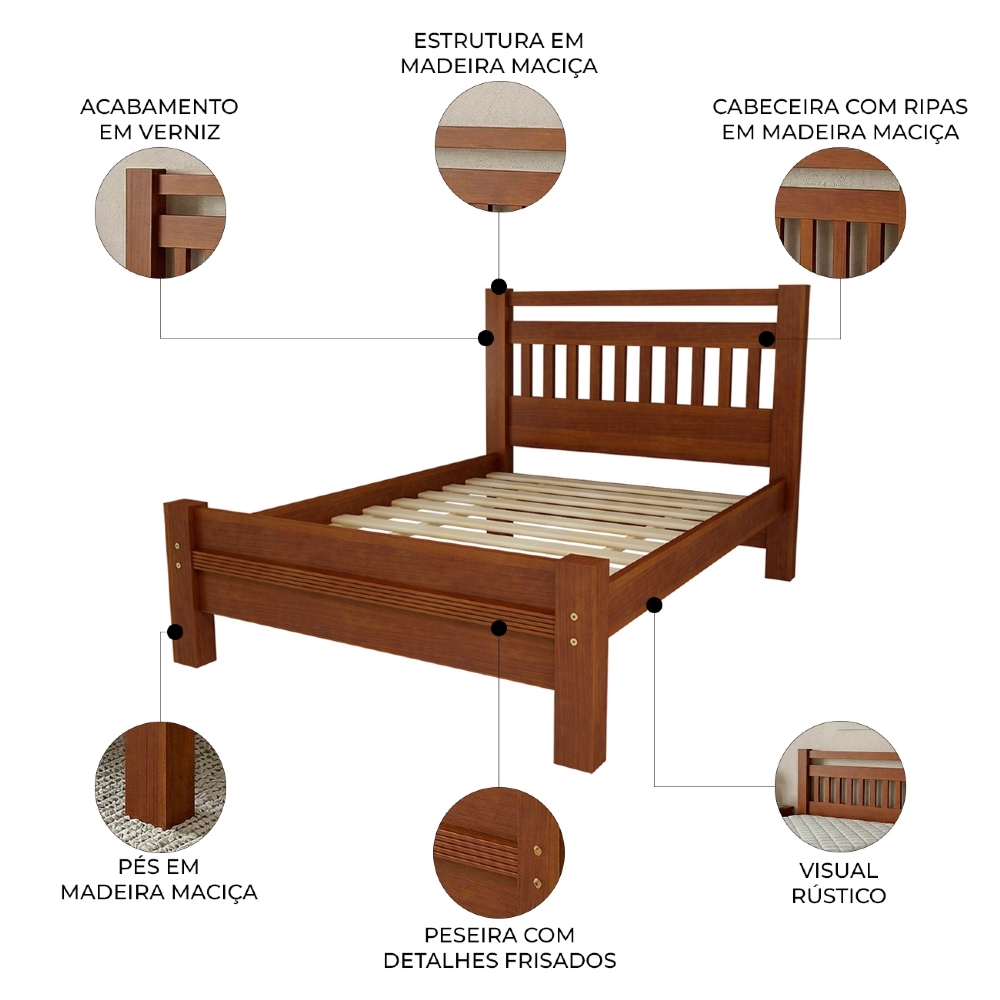Cama Casal 140cm Madeira Maciça Orlex Avelã B11 - Mpozenato