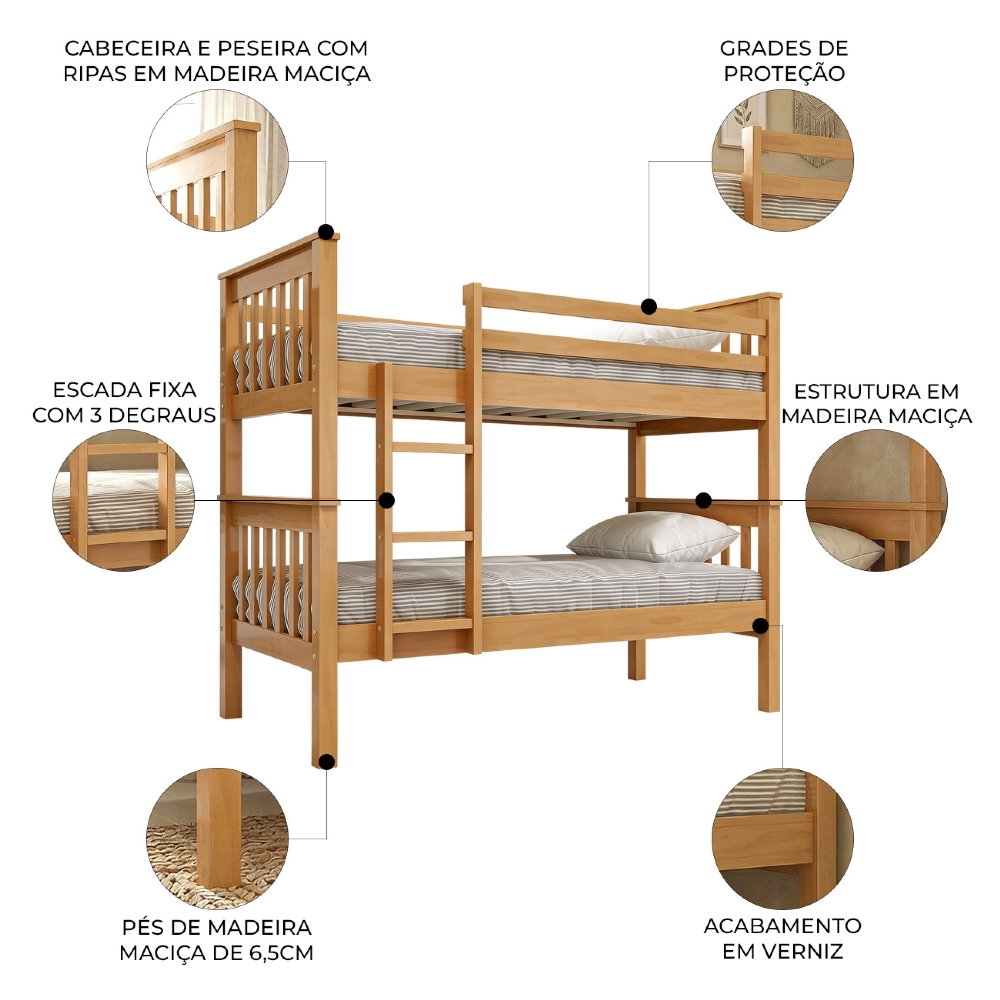 Cama Beliche Solteiro 188x88cm Com Escada Fixa Noan Mel B11 - Mpozenato