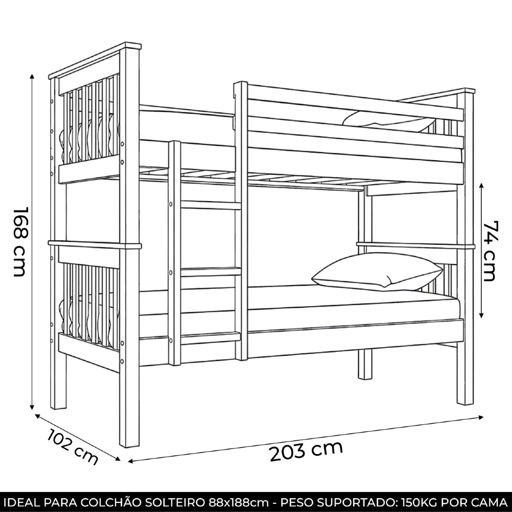 Cama Beliche Solteiro 188x88cm Com Escada Fixa Noan Mel B11 - Mpozenato