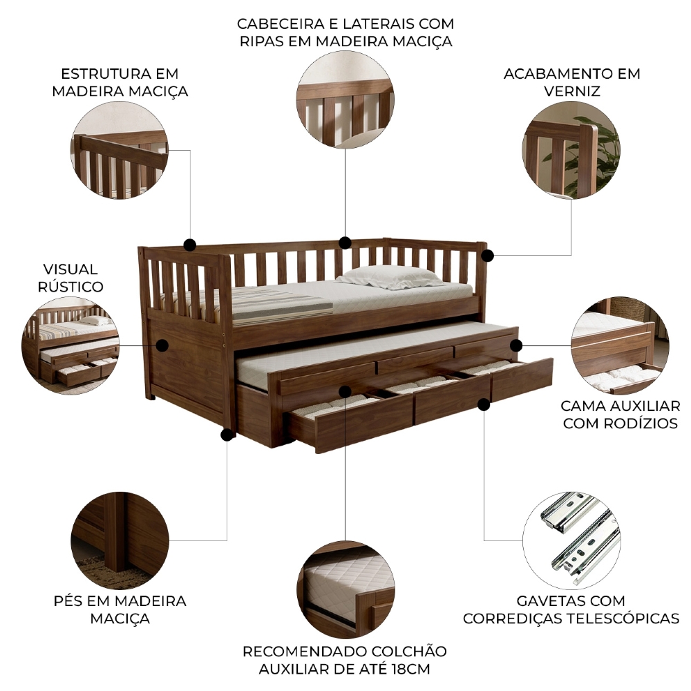 Cama Solteiro Com Auxiliar 188x88cm 3 Gavetas Milo Castanho B11 - Mpozenato