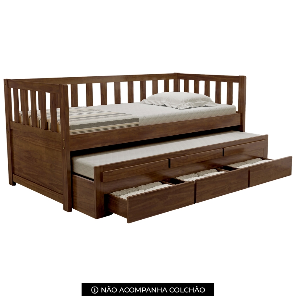 Cama Solteiro Com Auxiliar 188x88cm 3 Gavetas Milo Castanho B11 - Mpozenato