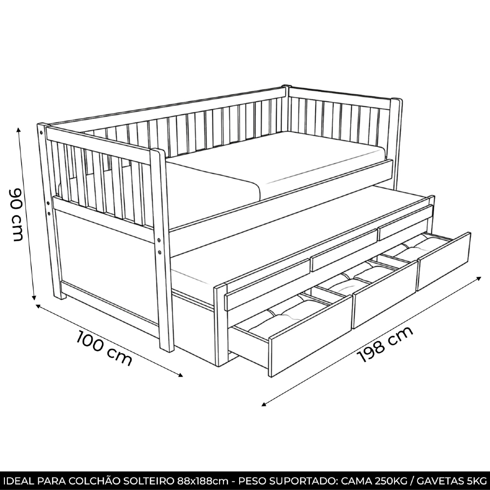 Cama Solteiro Com Auxiliar 188x88cm 3 Gavetas Milo Castanho B11 - Mpozenato