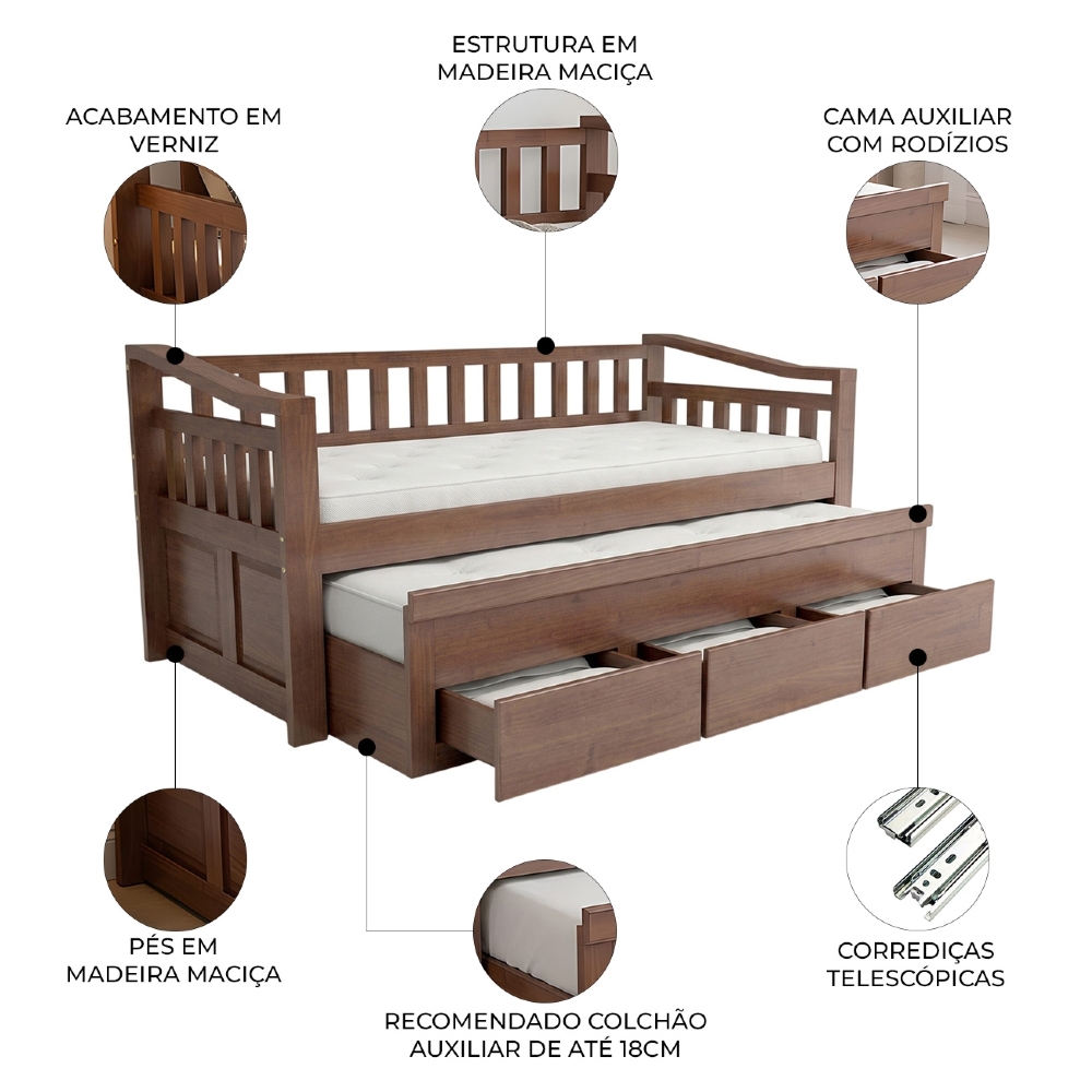 Cama Solteiro Com Auxiliar 188x88cm 3 Gavetas Azura Castanho B11 - Mpozenato