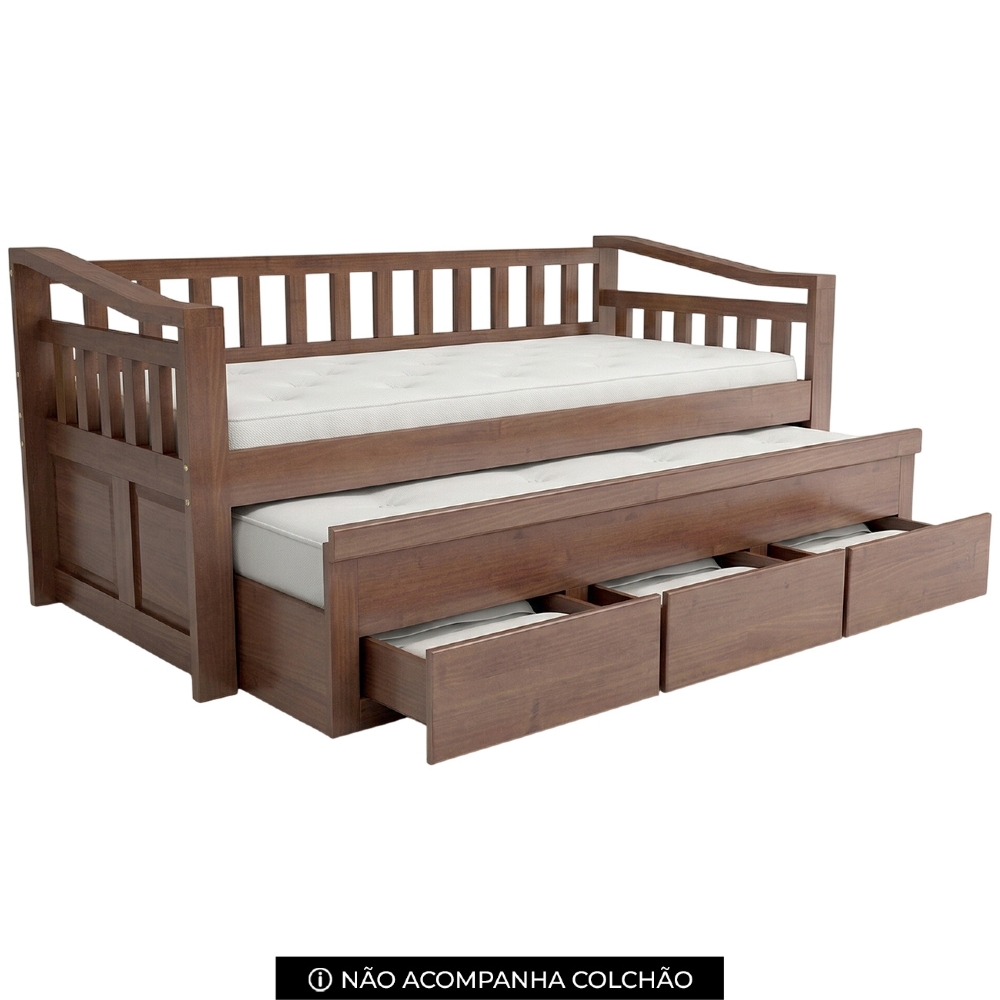 Cama Solteiro Com Auxiliar 188x88cm 3 Gavetas Azura Castanho B11 - Mpozenato