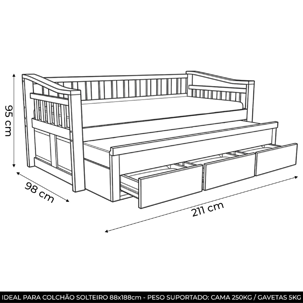 Cama Solteiro Com Auxiliar 188x88cm 3 Gavetas Azura Castanho B11 - Mpozenato