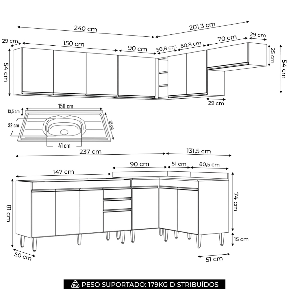 Armário de Cozinha Modulado de Canto 7 Peças CP24 com Pia Inox Preto/Cinza - Lumil