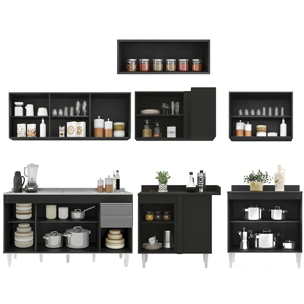 Armário de Cozinha Modulado de Canto 7 Peças CP24 com Pia Inox Preto/Cinza - Lumil