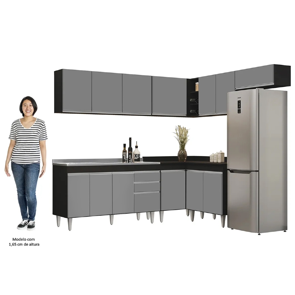 Armário de Cozinha Modulado de Canto 7 Peças CP24 com Pia Inox Preto/Cinza - Lumil